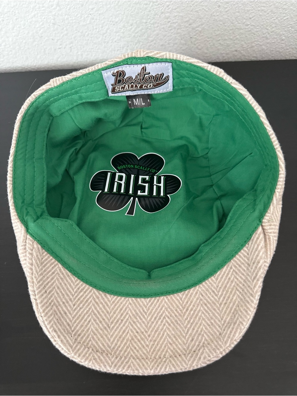 Boston Scally Co. Herringbone Flat Cap Hat Beige Irish Shamrock Wool Blend